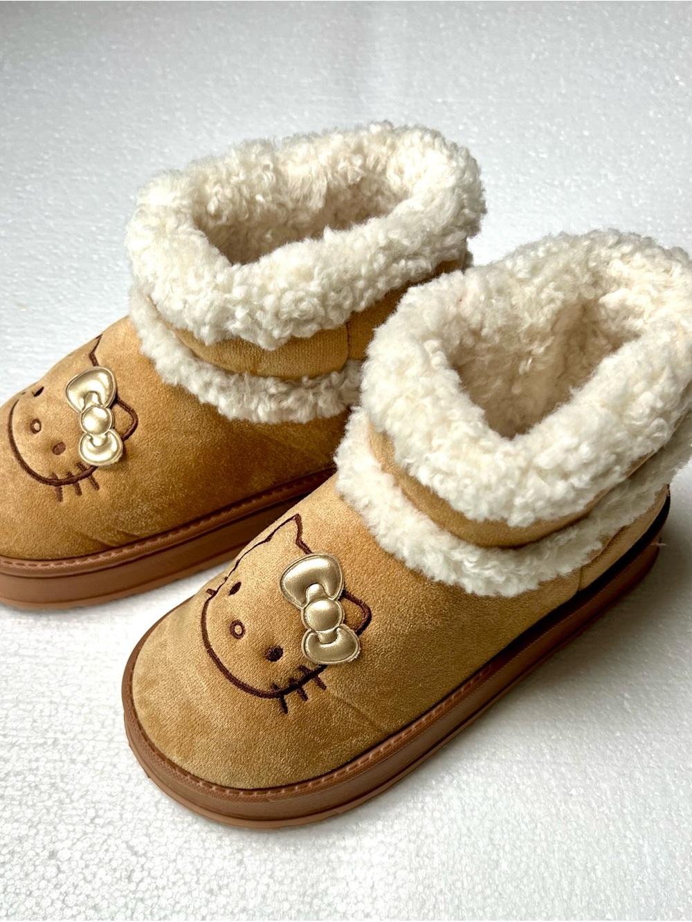 Sanrio Tan and Cream Plush-Lined Kitty Slip-On Booties